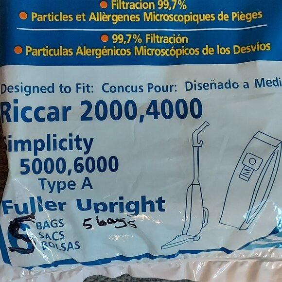 Riccar 2000 4000 and Simplicity 5000 6000 Type A Vacuum Bags Microfiltration - Picture 2 of 3